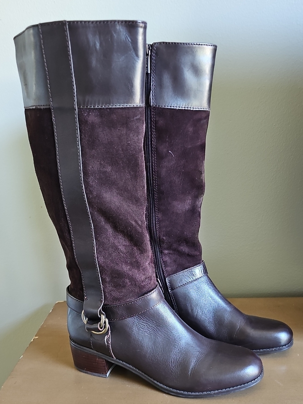 Women's Tall Brown Leather and Suede Riding Boots - Size 10